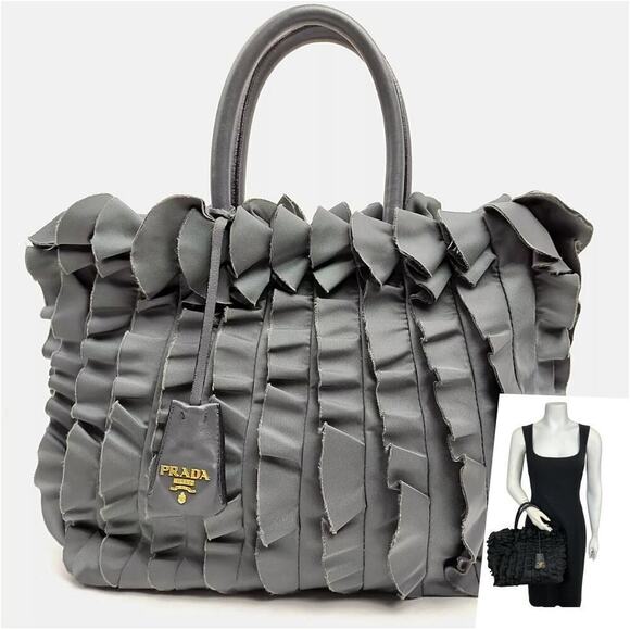 Prada Handbags - Rare PRADA Tessuto Nylon Ruffle Tote Keychain Gray Gold
